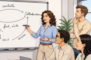 Couverture du livre Essaye encore ! Déjouer les pièges relationnels au travail formatrice devant un tableau blanc avec un groupe de participants souriants